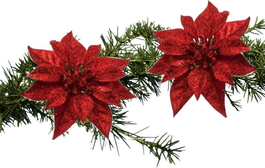 Cosy & Trendy Kerst bloemen 2x stuks kunststof rood op clip 18 cm Kersthangers