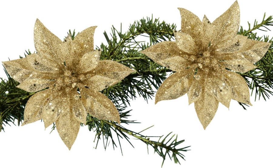 Cosy & Trendy 2x stuks kerstboom bloemen kerstster goud glitter op clip 15 cm Kersthangers