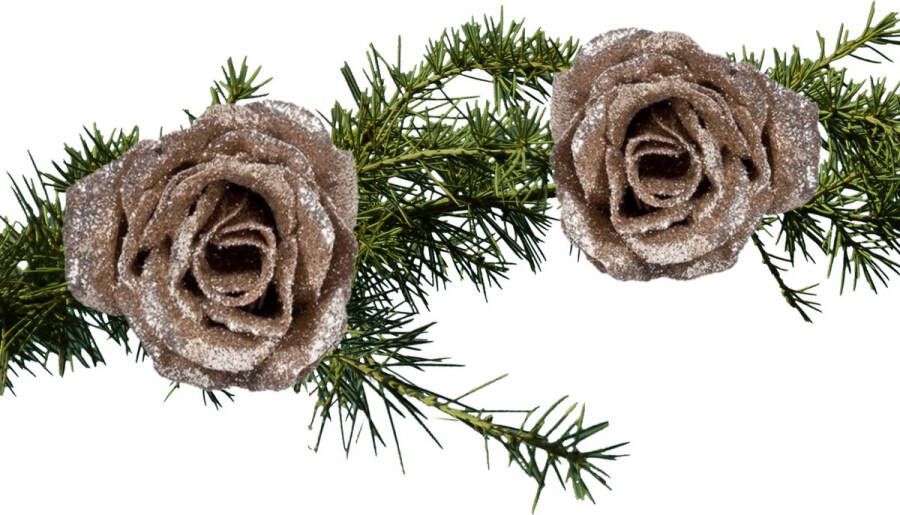Cosy & Trendy 2x stuks kerstboom decoratie bloemen op clip champagne glitter 7 cm Kersthangers
