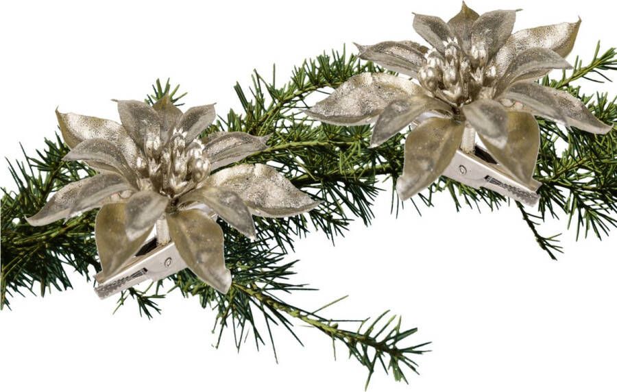 Cosy & Trendy 2x stuks kerstboom decoratie bloemen champagne glitter op clip 9 cm Kersthangers