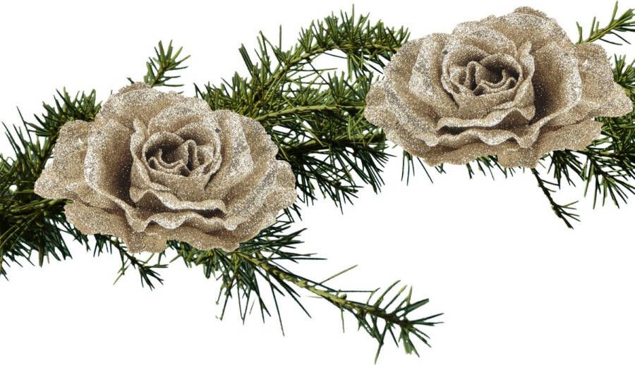 Cosy & Trendy 2x stuks kerstboom bloemen roos champagne glitter op clip 10 cm Kersthangers