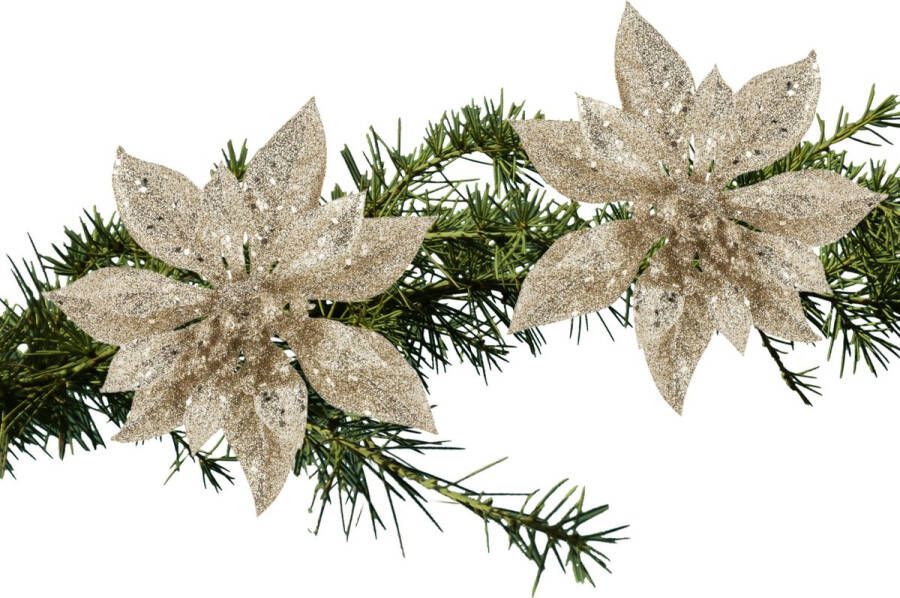 Cosy & Trendy 2x stuks kerstboom decoratie bloemen champagne glitter op clip 15 cm Kersthangers