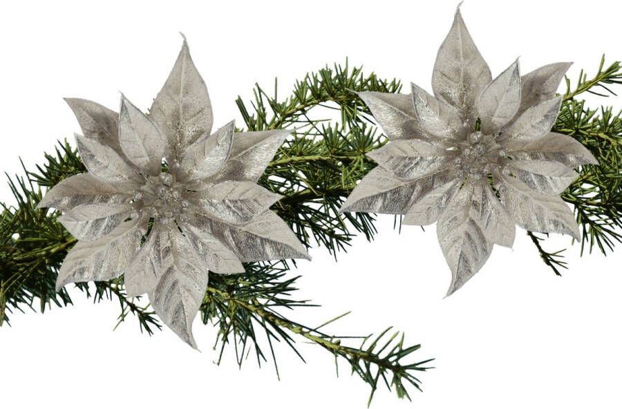 Cosy & Trendy 2x stuks kerstboom bloemen kerstster champagne glitter op clip 18 cm Kersthangers