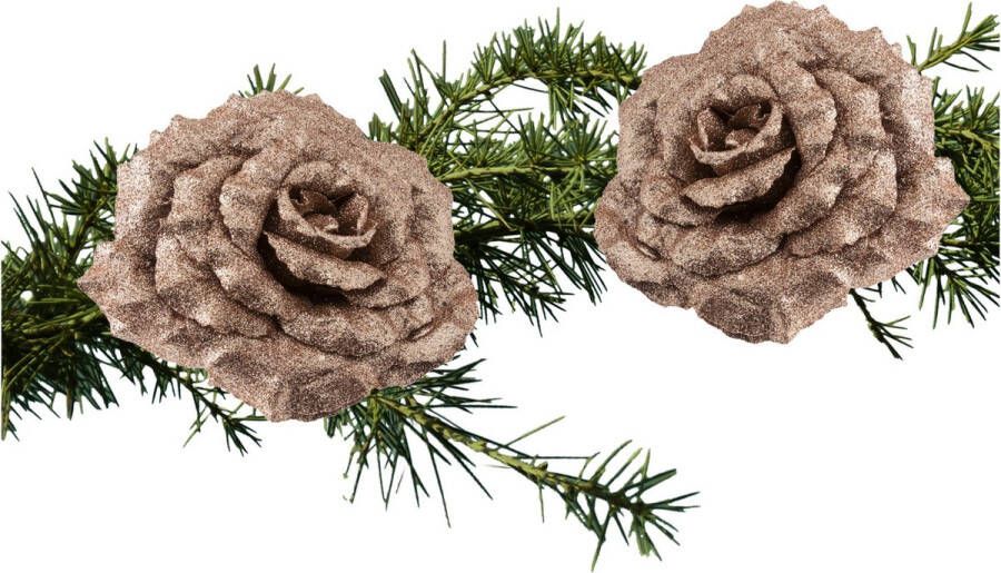 Cosy & Trendy 2x stuks kerstboom decoratie bloemen op clip champagne glitter 18 cm Kersthangers