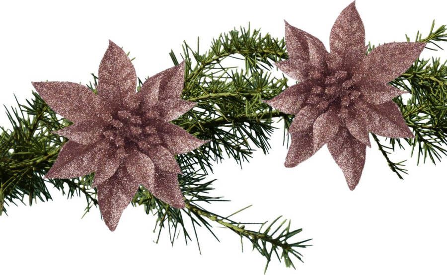 Cosy & Trendy 2x stuks kerstboomversiering op clip donker beige glitter bloem 15 cm Kersthangers