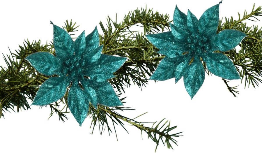 Cosy & Trendy 2x stuks kerstboom bloemen op clip emerald groen glitter 15 cm Kersthangers