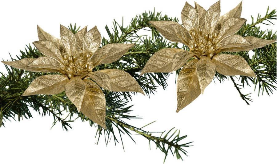 Cosy & Trendy 2x stuks kerstboom bloemen kerstster goud glitter op clip 18 cm Kersthangers
