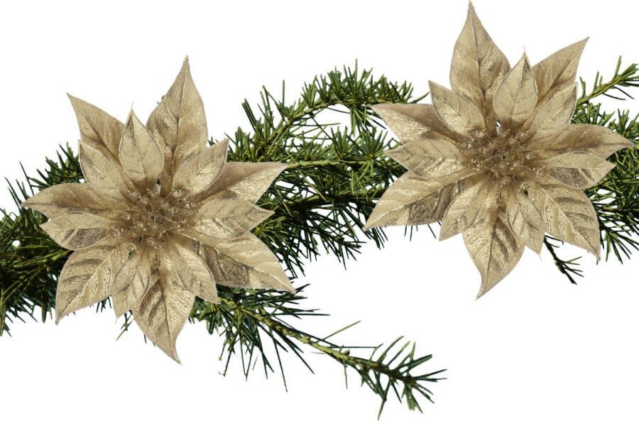 Cosy & Trendy 2x stuks kerstboom decoratie bloemen kerstster goud glitter op clip 18 cm Kersthangers