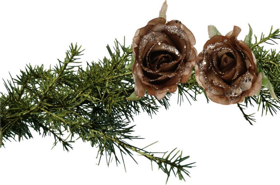 Cosy & Trendy 2x stuks kerstboom bloemen roos goud bruin glitter op clip 10 cm. Kersthangers