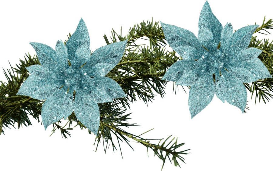 Cosy & Trendy 2x stuks kerstboom decoratie bloemen ijsblauw glitter op clip 15 cm Kersthangers