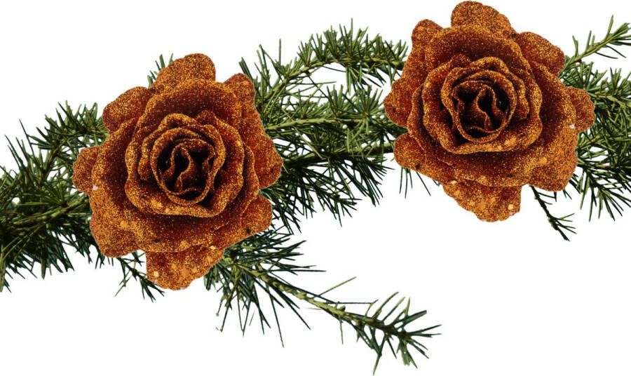 Cosy & Trendy 2x stuks kerstboom bloemen roos koper glitter op clip 10 cm Kersthangers