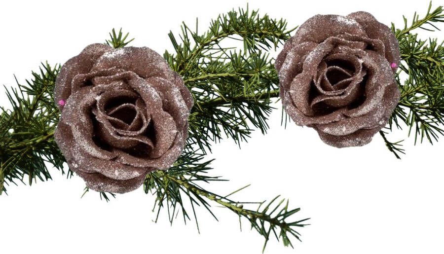 Cosy & Trendy 2x stuks kerstboom bloemen rozen op clip oudroze glitters 7 cm Kersthangers