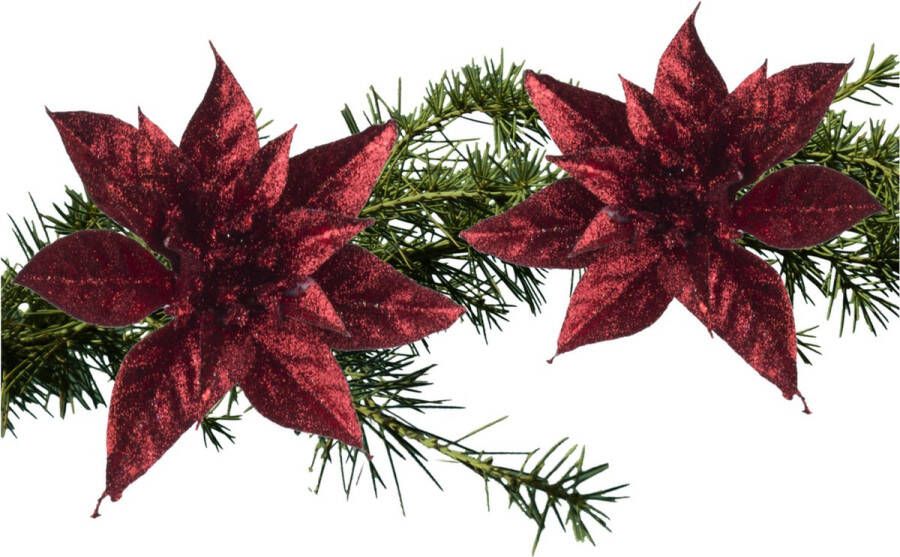 Cosy & Trendy 2x stuks kerstboom bloemen kerstster rood glitter op clip 15 cm Kersthangers