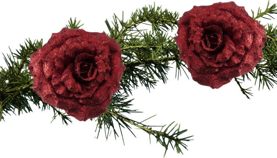 Cosy & Trendy 2x stuks kerstboomversiering bloem op clip rode glitter roos 18 cm Kersthangers