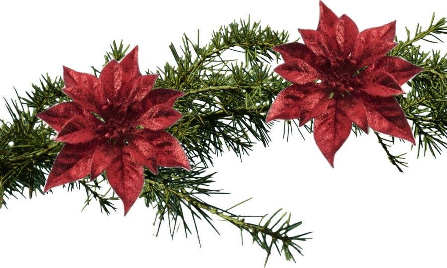 Cosy & Trendy 2x stuks kerstboomversiering bloemen op clip rode kerstster 18 cm Kersthangers