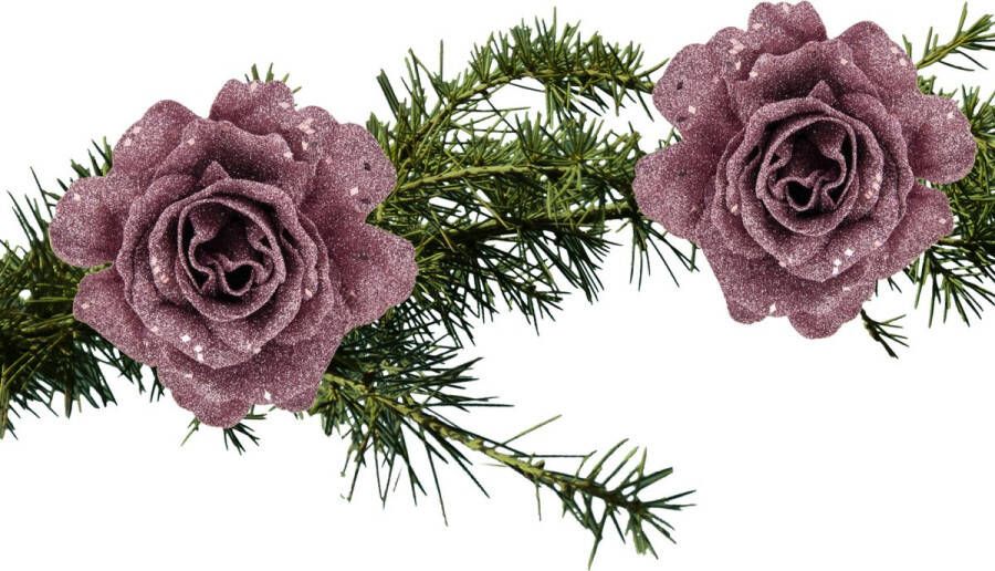 Cosy & Trendy 2x stuks kerstboom bloemen roos roze glitter op clip 10 cm Kersthangers