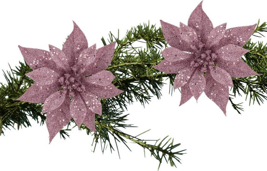 Cosy & Trendy 2x stuks kerstboom decoratie bloemen roze glitter op clip 18 cm Kersthangers