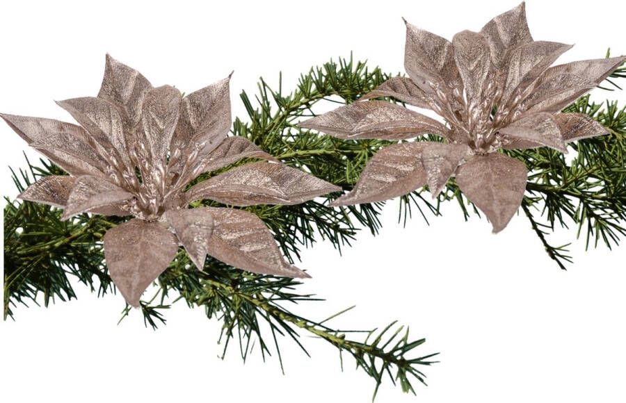 Cosy & Trendy 2x stuks kerstboom bloemen kerstster roze glitter op clip 18 cm Kersthangers