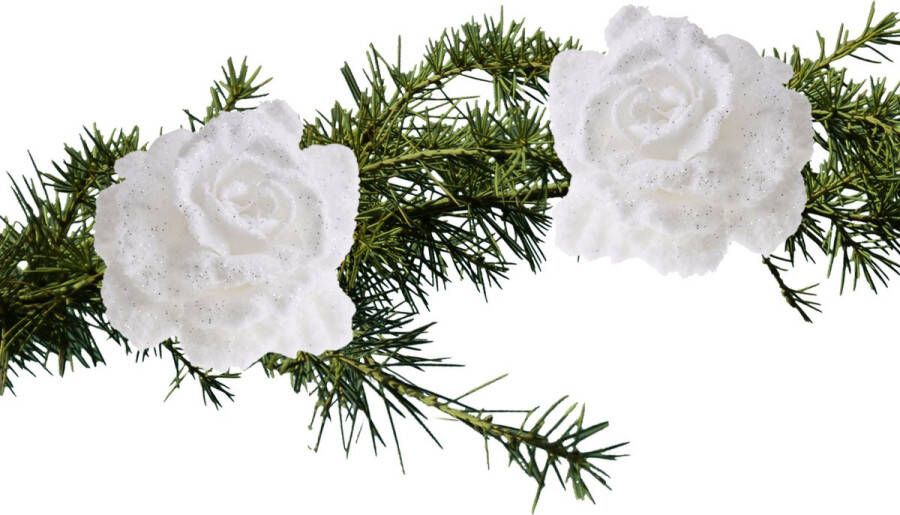 Cosy & Trendy 2x stuks kerstboom bloemen op clip wit en besneeuwd 10 cm Kersthangers