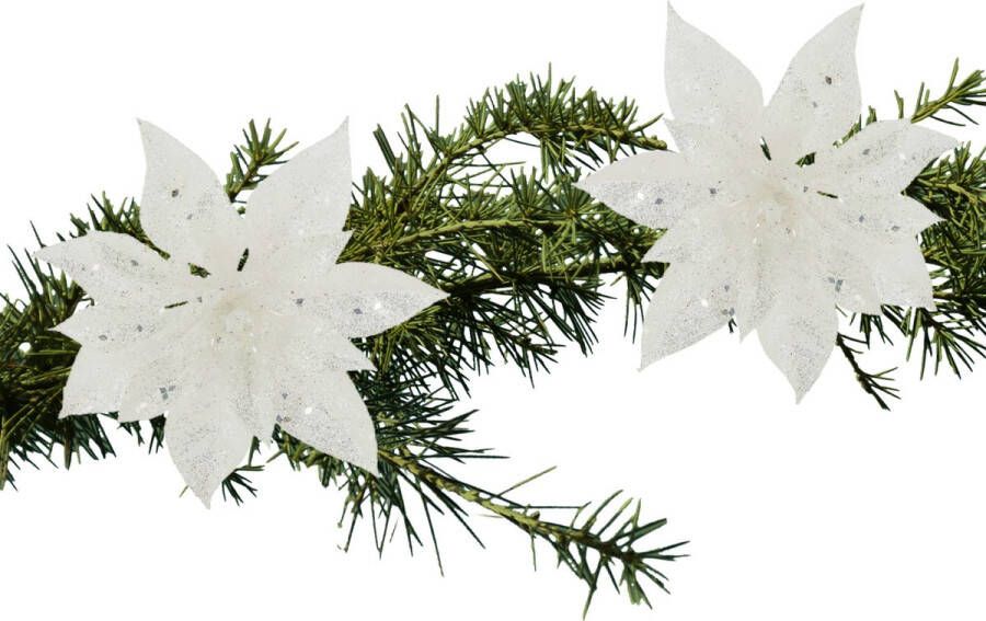 Cosy & Trendy 2x stuks kerstboom decoratie bloemen wit glitter op clip 15 cm Kersthangers