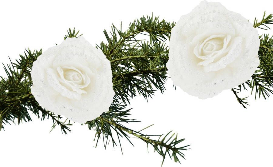 Cosy & Trendy 2x stuks kerstboom decoratie bloemen roos wit glitter op clip 18 cm Kersthangers