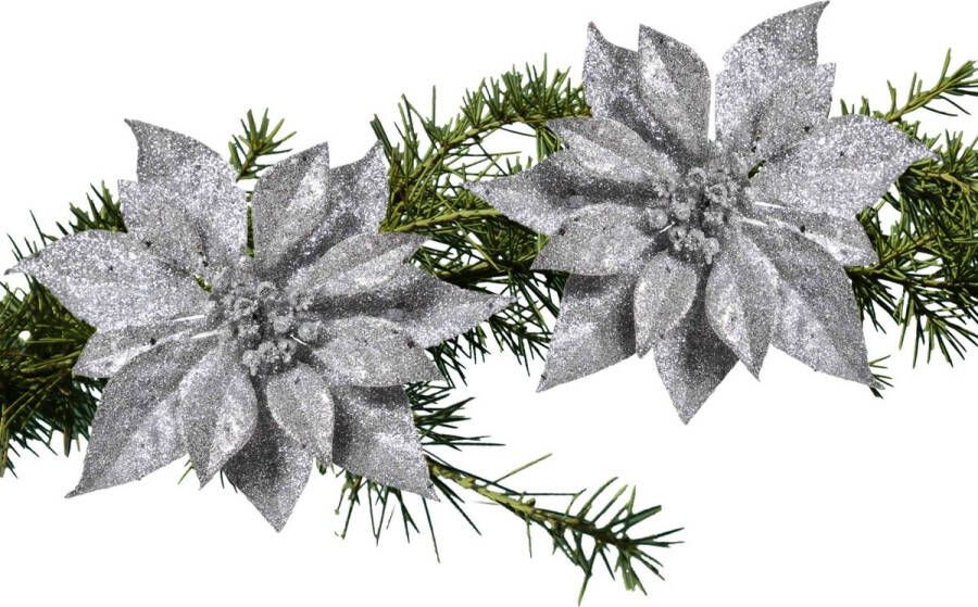 Cosy & Trendy 2x stuks kerstboom bloemen op clip zilveren kerstster 18 cm Kersthangers