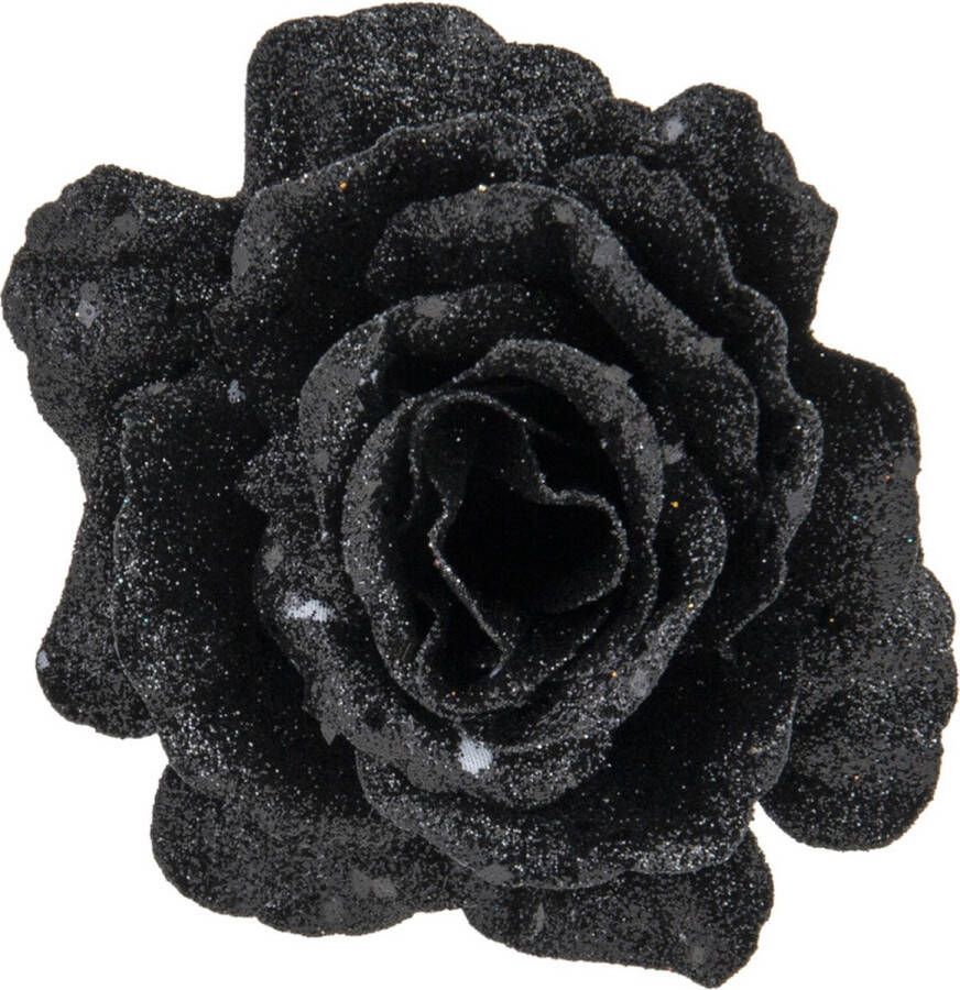 Cosy & Trendy 2x stuks kerstboom decoratie bloemen roos zwart glitter op clip 10 cm Kersthangers