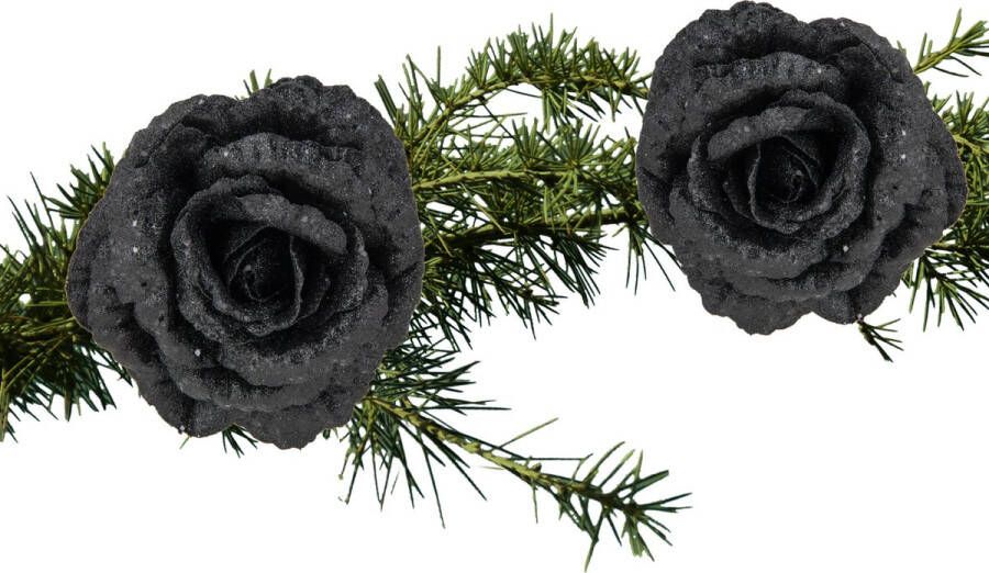 Cosy & Trendy 2x stuks kerstboom bloemen op clip zwart glitter 15 cm Kersthangers
