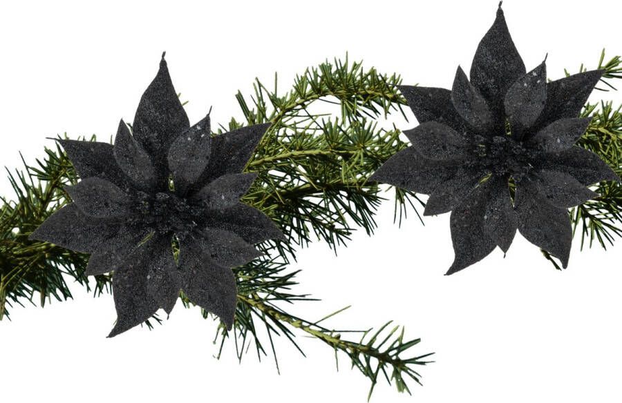 Cosy & Trendy 2x stuks kerstboom decoratie bloemen zwart glitter op clip 18 cm Kersthangers