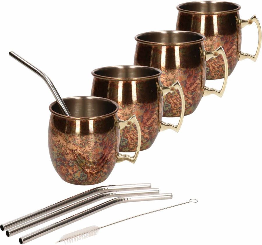 Cosy&Trendy Moscow Mule cocktail set 4x cocktailbekers cocktailglazen 450 ml antiek koper Inclusief 4x RVS herbruikbare rietjes