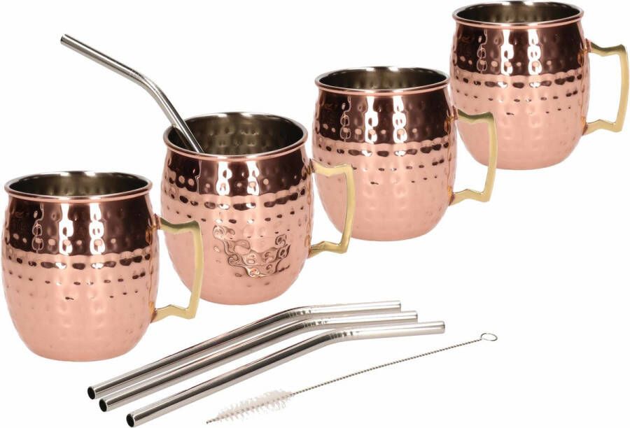 Cosy&Trendy Moscow Mule cocktail set 4x cocktailbekers cocktailglazen 450 ml gehamerd koper Inclusief 4x RVS herbruikbare rietjes