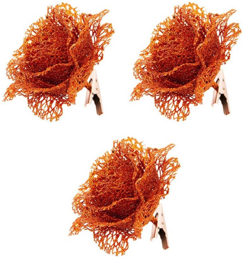 Cosy&Trendy Oranje kanten glitter roos op clip 10 cm Feestversiering decoratie
