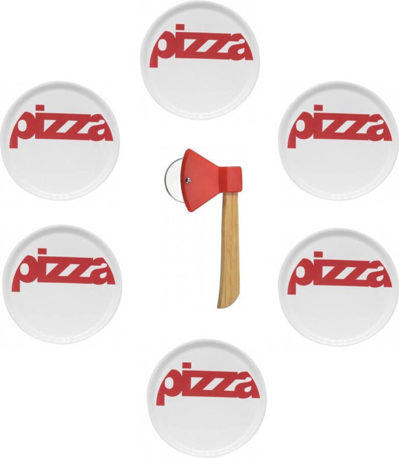 Cosy&Trendy Pizzabord wit met rode tekst Pizza (D: 29 cm) set van 6 stuks + pizzames