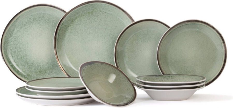 Cosy & Trendy Serviesset Fez Groen 12-delig | 4 personen 4 dinerborden 4 ontbijtborden en 4 diepe borden