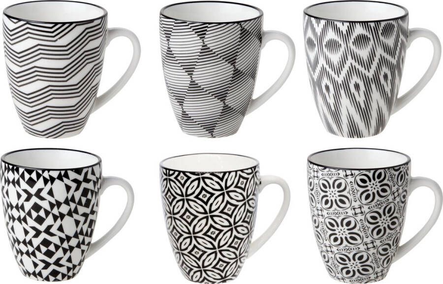Cosy&Trendy Set van 12x stuks kopjes bekers Nikko zwart wit print 19 cl Koffie thee mokken met oor