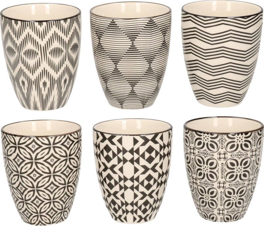 Cosy&Trendy Set van 12x stuks kopjes bekers Nikko zwart wit print 25 cl Koffie thee mokken zonder oor