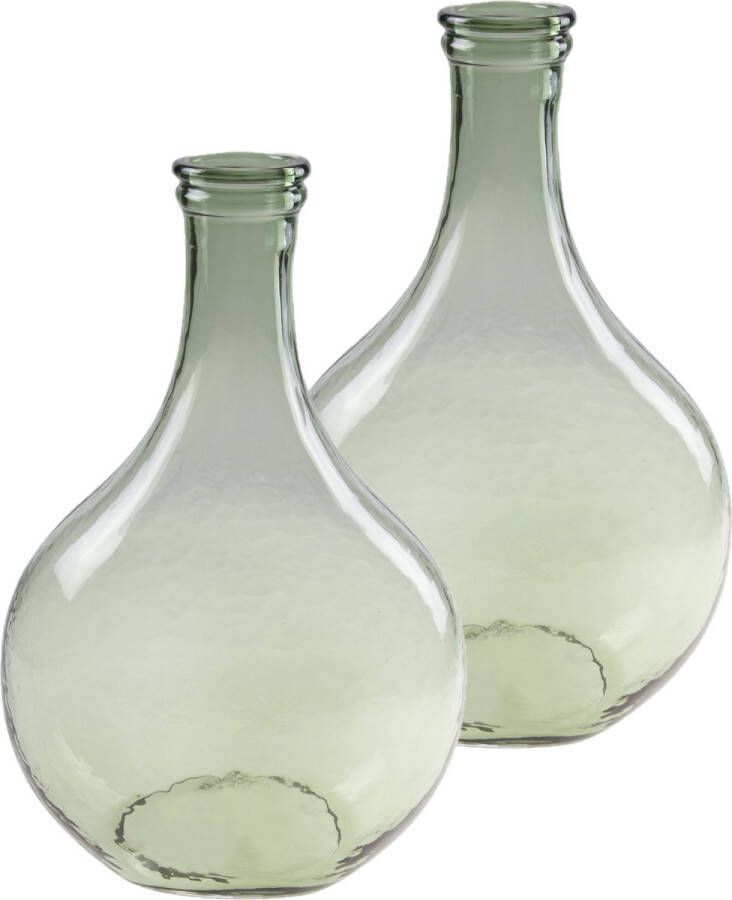 Cosy&Trendy Set van 2x stuks fles model bloemenvaas vazen van glas in het groen met Hoogte 34 cm en diameter 21.5 11 cm Bloemen boeketten