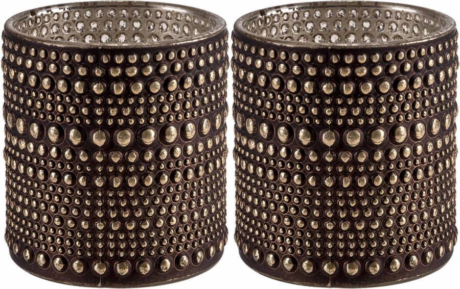 Cosy&Trendy Set van 2x stuks theelichthouders waxinelichthouders glas bruin 10 cm Stippel motief Windlichtjes kaarsenhouders