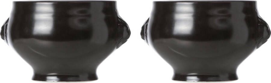 Cosy&Trendy Set van 2x stuks zwarte soepkommen leeuwkop van porselein 11 cm rond Soepbekers soepkommen