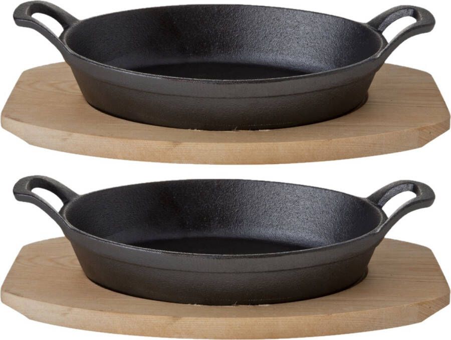 Cosy&Trendy Set van 4x stuks ovenschalen gratinschalen gietijzer op houten plank 30 x 17 x 5 cm Serveerschalen voor ovenschotels