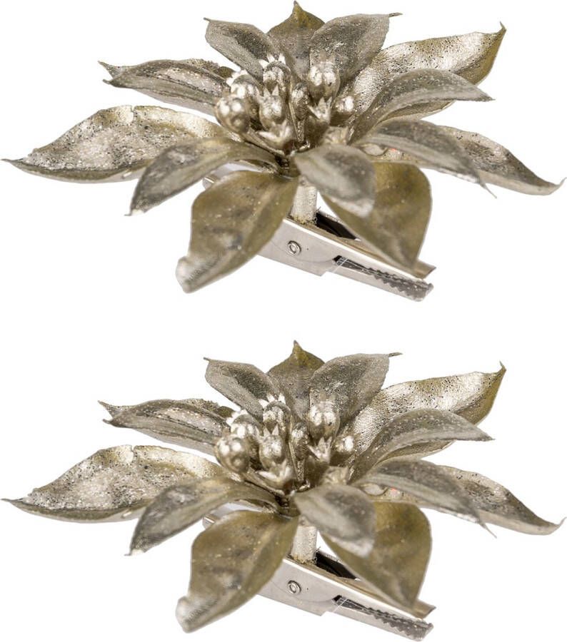 Cosy&Trendy 2x stuks decoratie bloemen kerststerren champagne glitter op clip 9 cm Decoratiebloemen kerstboomversiering