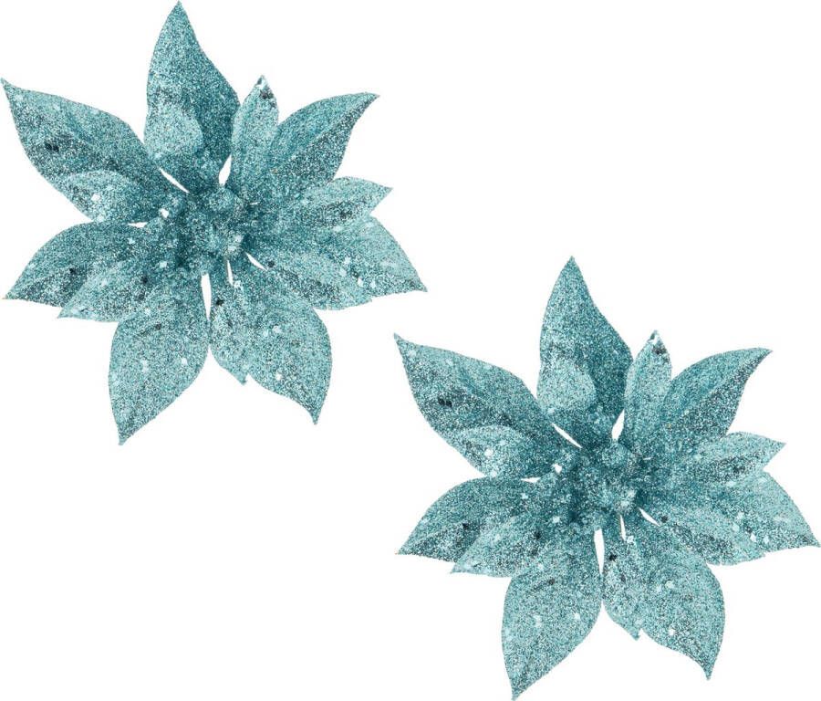Cosy&Trendy 2x stuks decoratie bloemen kerststerren ijsblauw glitter op clip 15 cm Decoratiebloemen kerstboomversiering