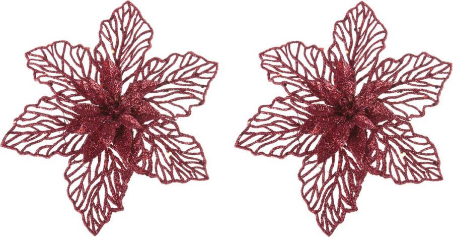 Cosy&Trendy 2x stuks decoratie bloemen kerststerren rood glitter op clip 17 cm Decoratiebloemen kerstboomversiering kerstversiering