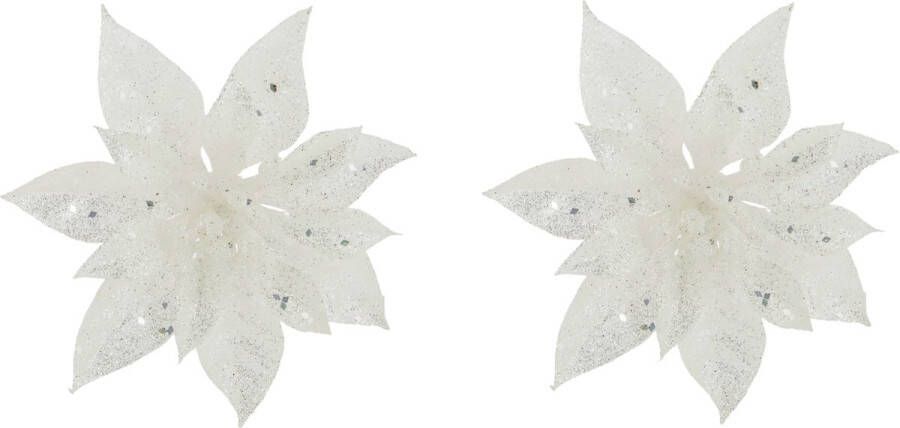 Cosy&Trendy 2x stuks decoratie bloemen kerststerren wit glitter op clip 15 cm Decoratiebloemen kerstboomversiering kerstversiering