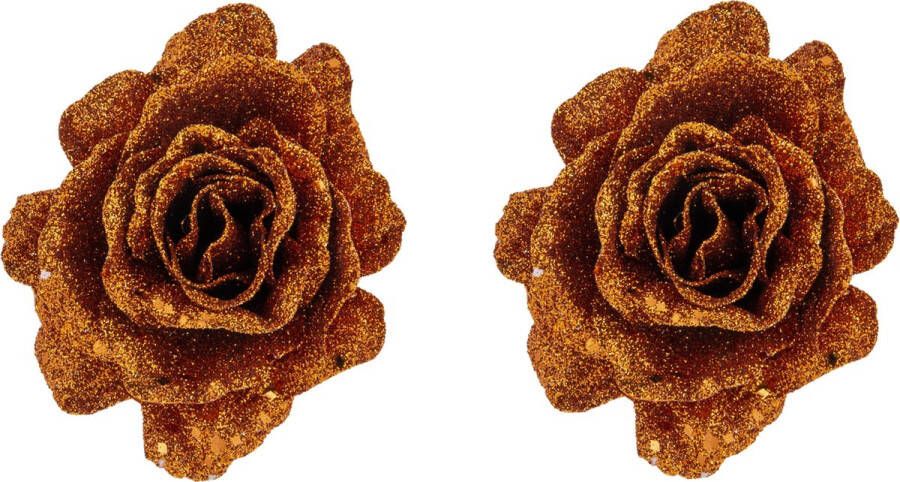 Cosy&Trendy 2x stuks decoratie bloemen roos koper glitter op clip 10 cm Decoratiebloemen kerstboomversiering kerstversiering