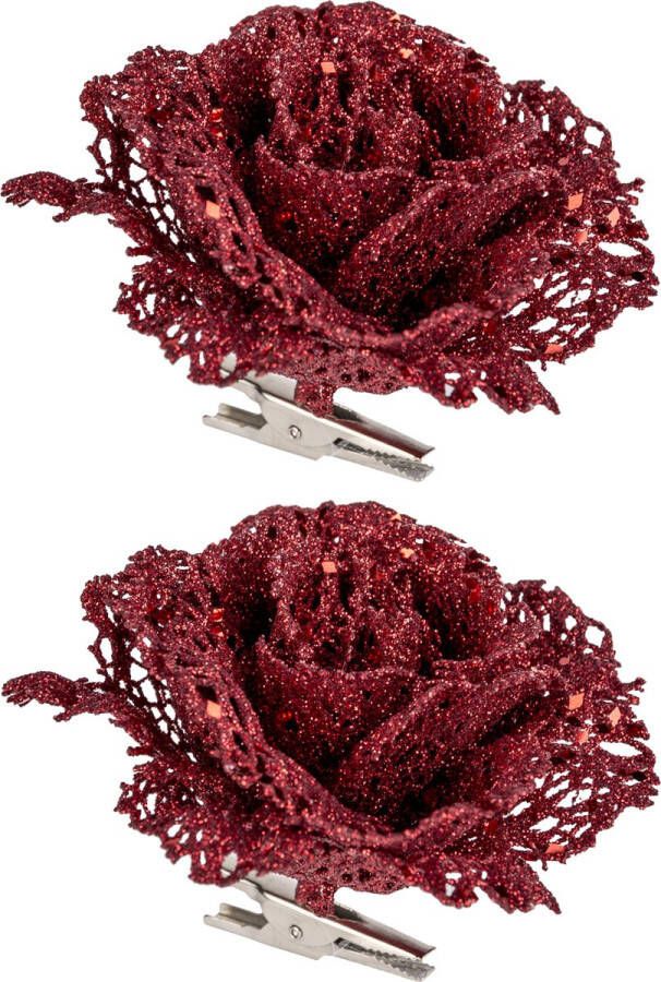 Cosy&Trendy 2x stuks decoratie bloemen roos rood glitter op clip 10 cm Decoratiebloemen kerstboomversiering kerstversiering