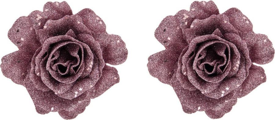 Cosy&Trendy 2x stuks decoratie bloemen roos roze glitter op clip 10 cm Decoratiebloemen kerstboomversiering kerstversiering