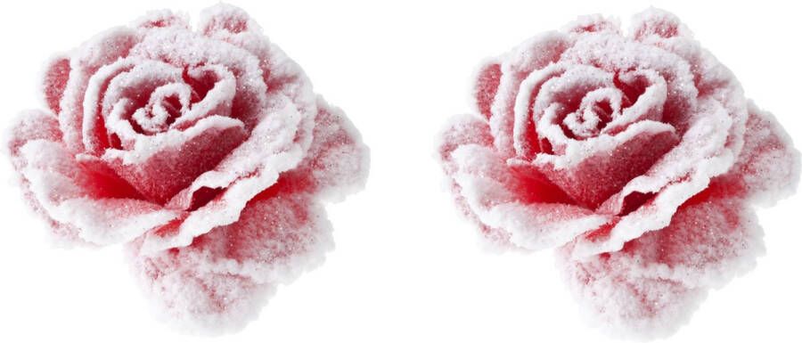 Cosy&Trendy 2x stuks decoratie bloemen roos roze met sneeuw op clip 15 cm Decoratiebloemen kerstboomversiering