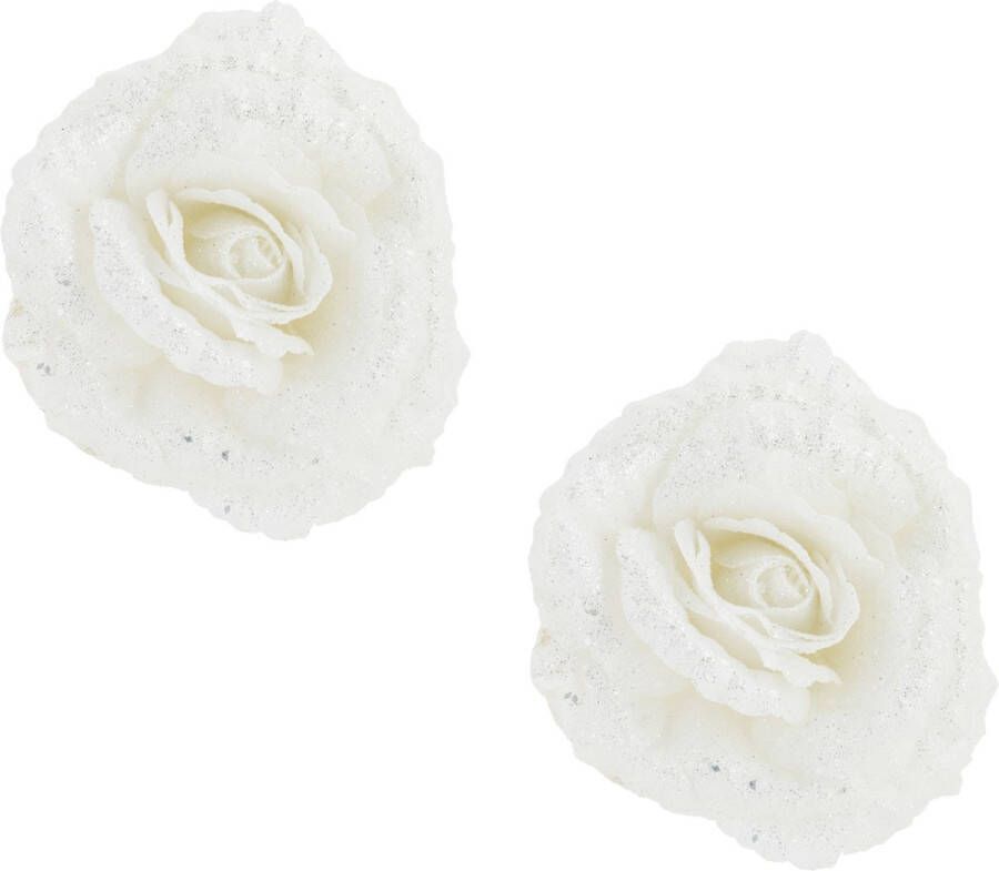 Cosy&Trendy 2x stuks decoratie bloemen roos wit glitter op clip 18 cm Decoratiebloemen kerstboomversiering kerstversiering