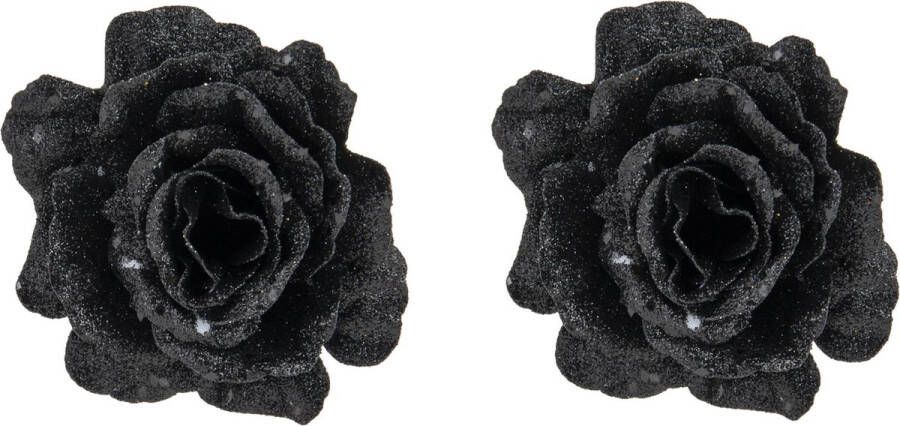 Cosy&Trendy 2x stuks decoratie bloemen roos zwart glitter op clip 10 cm Decoratiebloemen kerstboomversiering kerstversiering
